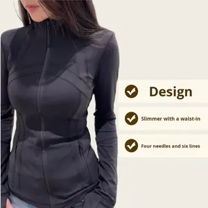 Vêtements de sport pour femmes, série de fermetures éclair dorées, veste de yoga respirante, ajustée, manches longues, haut de fitness uni - Product Image 3