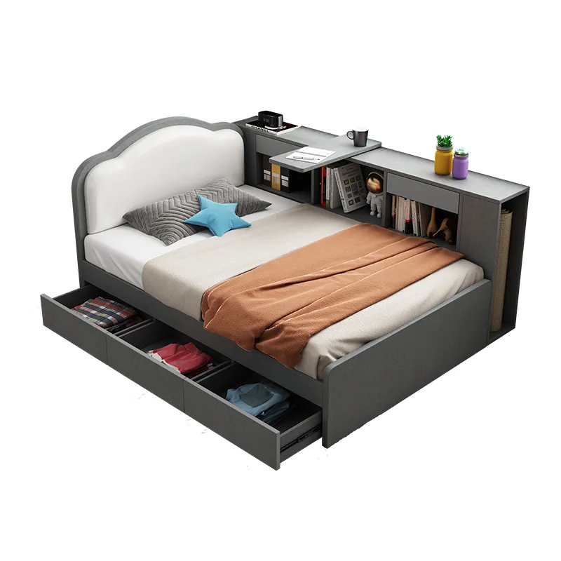Cama infantil de tamanho completo, cama com mesa de armazenamento com logotipo personalizado de madeira