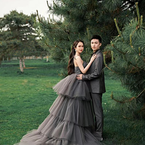 Gray Tulle Ball Gown Halter Neckline Natural Waistline Long Train Wedding Dress For Couple Photography Forest Style - Product Image 2