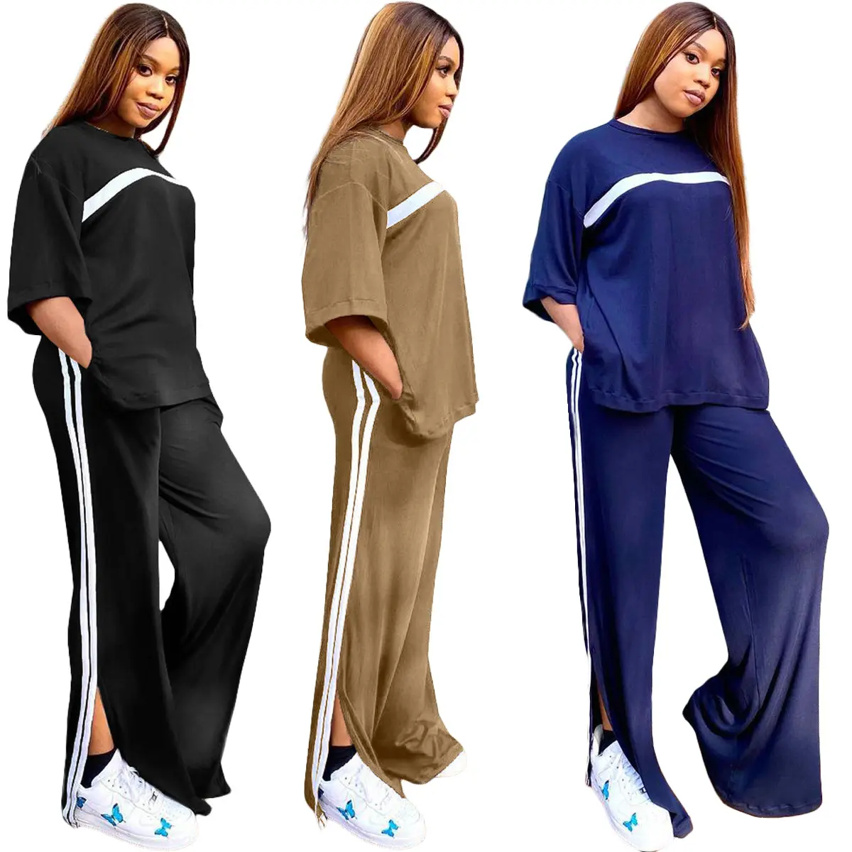 Women's leisure sports split stitching set Shirt Women Two Piece Sets 2021 Wide Leg Pants Suit Women 2 Piece Set Clothing