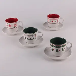 Juego de tazas de café de cerámica y platillo, juego de capuchino Espresso de copos de nieve de Navidad, venta al por mayor