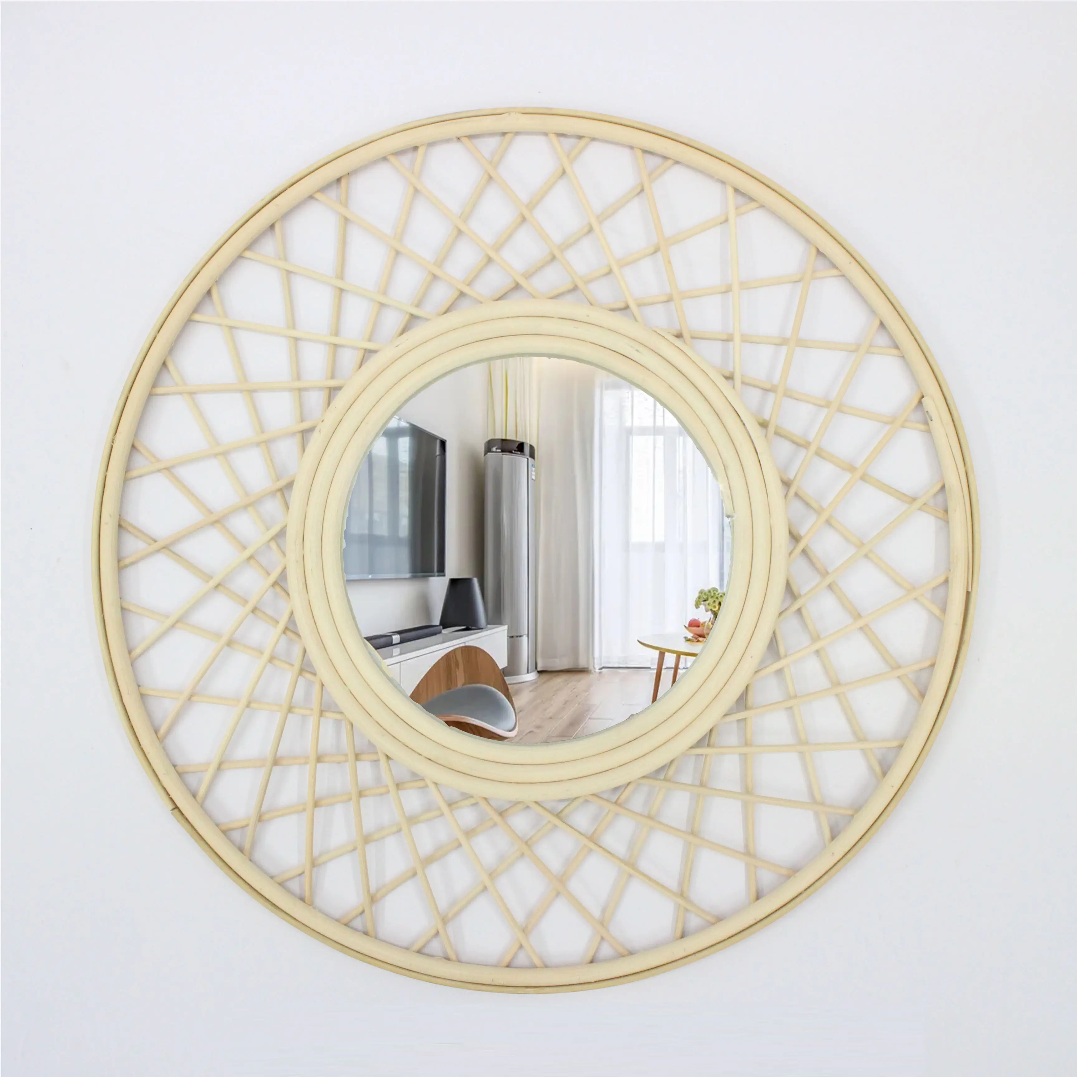 Kreisförmiger hohler Kreuz gewebter dekorativer Wandbehang spiegel, hand gefertigter Bambusstreifen-Schmink spiegel