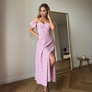 Vestido Midi Romántico de Gasa con Estampado Floral, Manga Casquillo, Escote Corazón, Corte A y Ajuste Ceñido, Ideal para Verano y Uso Casual - Product Image 4
