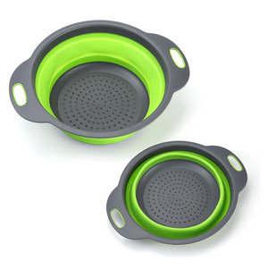 Folding Drain <b>Basket</b> Set Collapsible Colander For Fruit Vegetable Strainer With Handles Green And Gray Color - Product Image 3