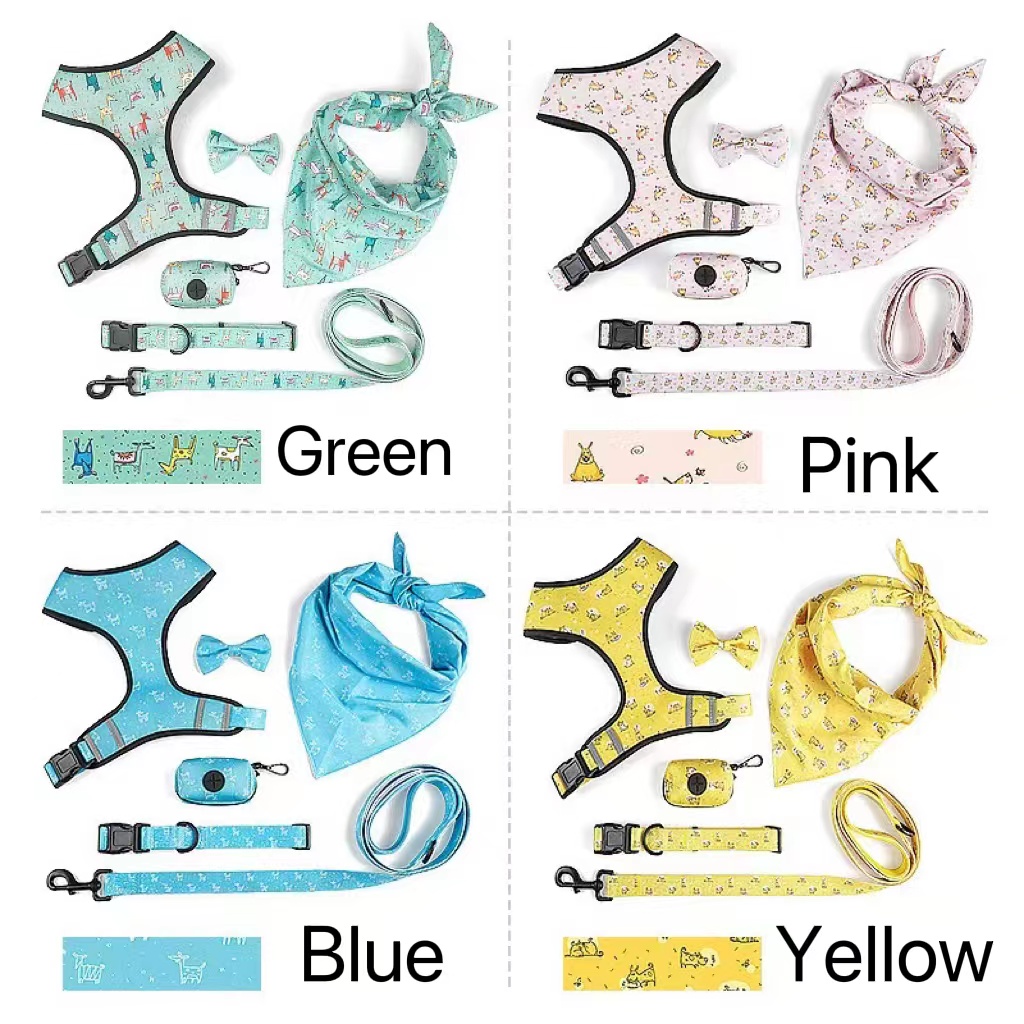 Green Color Polyester Pet Dog Harness Set With Adjustable Pin Buckle