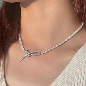 Natural 4.5-5mm Freshwater <b>Pearl</b> <b>Necklace</b> S925 Pure <b>Silver</b> with White Rose Ribbon Design Almost Flawless - Product Image 2