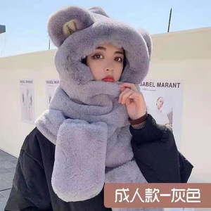 Ensemble écharpe, chapeau et gants en forme d'oreilles d'ours, en peluche, chaud, pour automne et hiver, pour adulte, rose - Product Image 4