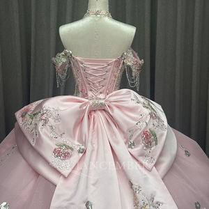 Vestido de Quinceañera Rosa de Ensueño, Vestido de Gala Largo Hasta el Suelo con Apliques, Cuentas y Bordado, Escote Corazón, 100% Poliéster, para Fiesta - Product Image 3