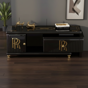 Table basse en verre noir de luxe 2025 - Design géométrique doré avec tiroir accentué et cadre en bois - Meubles de salon pour la maison - Product Image 6