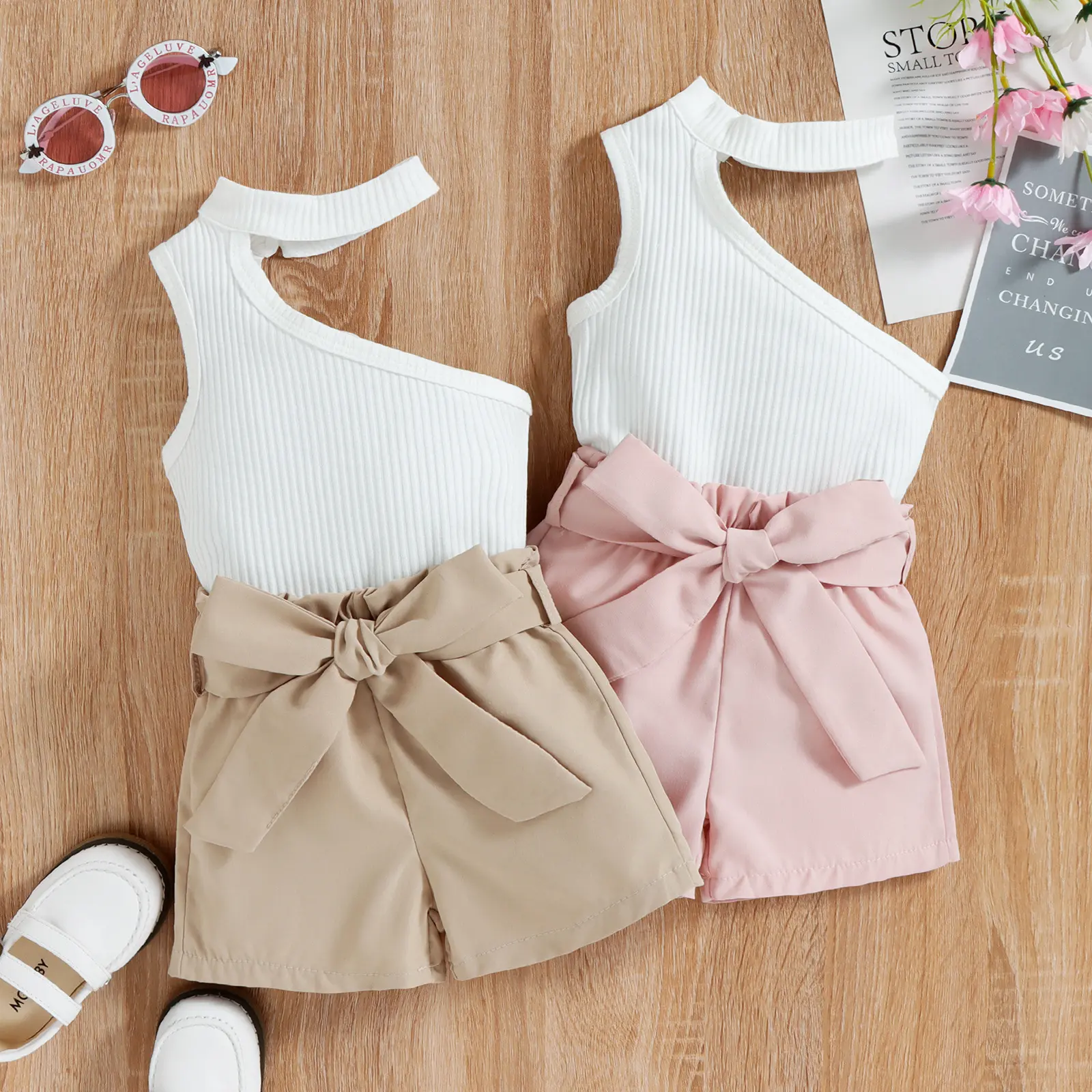 Boutique New Fashion One Shoulder White T Shirt Shorts Clothes Set Little Girls 2 Piece Outfits Girls' Clothing Set For Summer