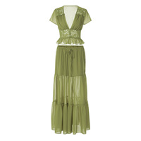 Ensemble élégant en mousseline de soie deux pièces pour femme, haut court à col en V et manches courtes, jupe longue assortie, ensemble de robe de soirée pour femme 3531