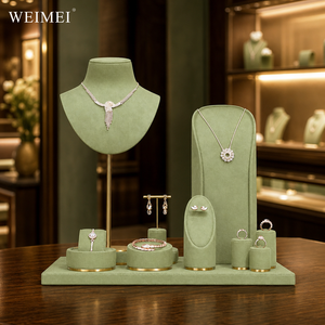 ถาดวางสร้อยคอและกำไลข้อมือ WEIMEI สีเขียวกำมะหยี่พร้อมฐานโลหะสีทอง ที่วางต่างหู ที่วางแหวน สำหรับร้านขายของที่ระลึก ชุดจัดแสดงเครื่องประดับ - Product Image 5