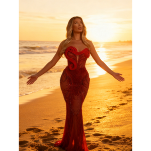 Gaun pesta mewah berkualitas tinggi dengan bordir manik-manik jala, kerah rendah, seksi, dan elegan. - Product Image 6