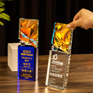 Crystal <b>Trophy</b> Laser <b>Engraved</b> Transparent Blue Black Base Durable Award For Conference Business Gifts - Product Image 5