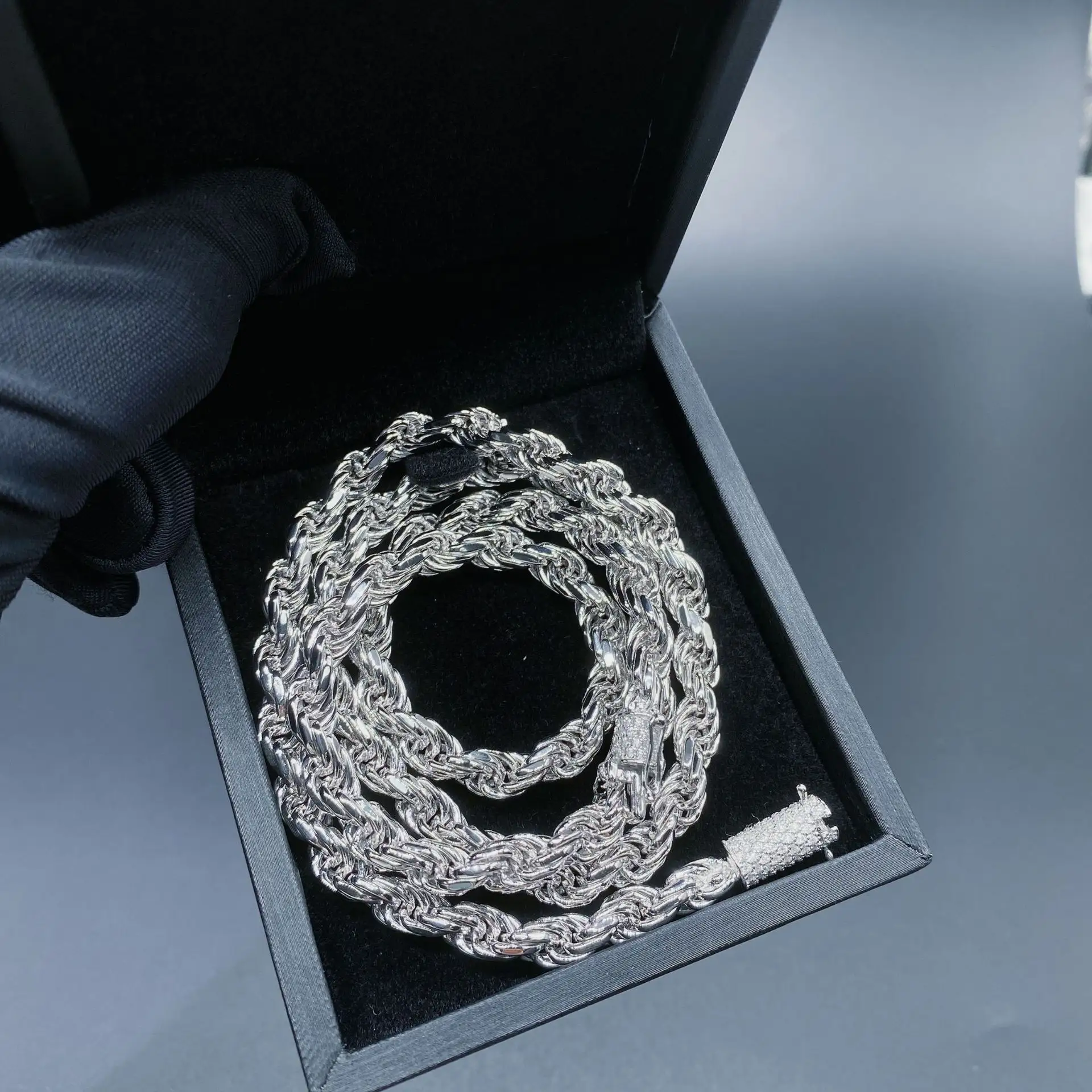 Collar de cadena de cuerda miami con hebilla de moissanita, joyería fina de 6MM de grosor, chapado en oro real, Plata de Ley 925