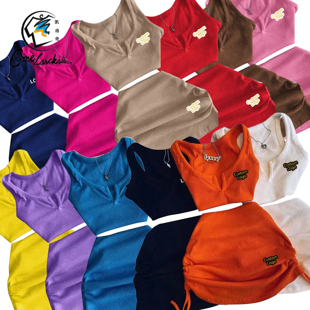 2023 Custom Logo Print Designer Crop Top Short Skirt Two Piece Outfits Jogger Suit Summer Women Solid Color 2 Pieces Sets