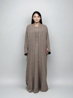 LM038 Ensemble Abaya trois pièces avec ceinture Cardigan ouvert texturé en crêpe froissé avec poche intérieure de ceinture Robe islamique