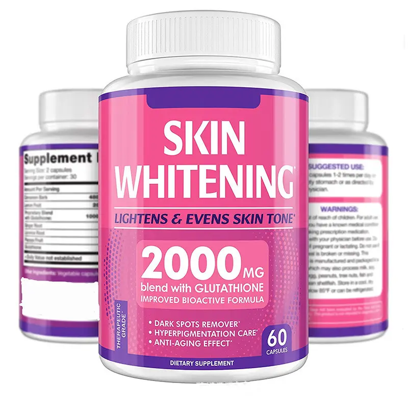 Özel etiket 2000 mg takviyesi beyazlatma kapsül yaşlanma karşıtı etkisi ve güçlü antioksidan cilt beyazlatma hapları
