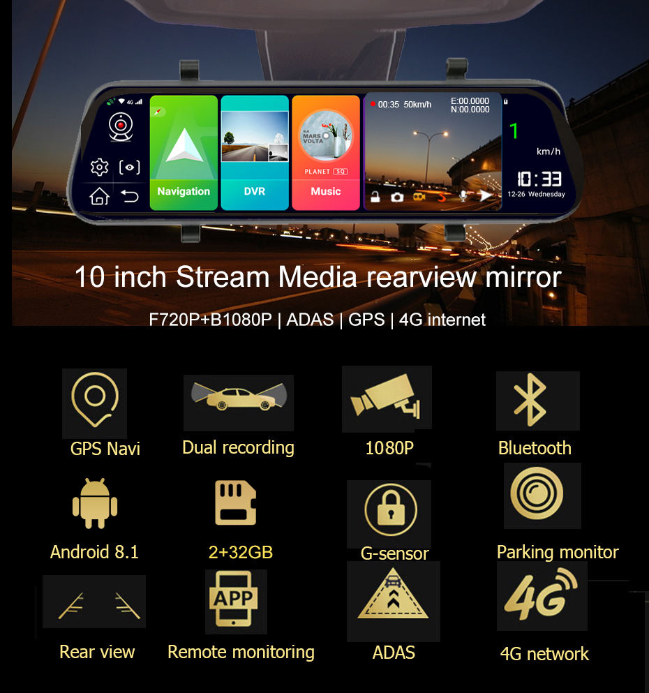 10 Inch 4G Wifi ADAS Car DVR Camera Android Stream Media