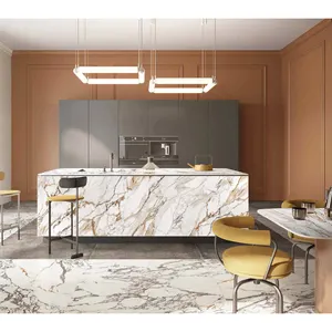 160x280cm bianco dorato pannello in porcellana lucida sinterizzata tavolo da tavolo in pietra bancone cucina 9 piedi bancone cucina piano in marmo