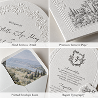 Carte d'invitation de mariage personnalisée en papier coton gaufré à l'aveugle, format arche, impression typographique avec doublure d'enveloppe et étiquette monogramme, vente en gros