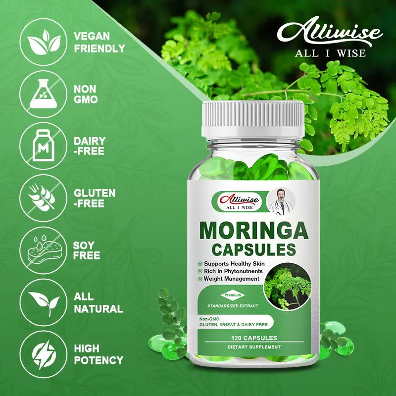 Venta al por mayor OEM 60PCs Orgánica Moringa Hoja Extracto Cápsulas Suplementos Herbales