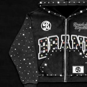 Moletom Masculino com Capuz de Algodão Puro de Alta Qualidade com Zíper Personalizado, Aplique Bordado Retrô Estilo Street e Strass Hot Fix - Product Image 2