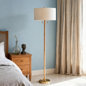Lampadaire scandinave en laiton avec abat-jour blanc cassé, hauteur réglable, source lumineuse LED, éclairage pour salon et chambre - Product Image 2