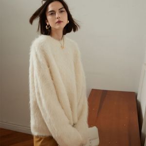 女性用セーター30% アルパカ + 30% ウールネック長袖プルオーバー女性用20% モヘア