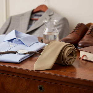 Corbata de Lino con Patrón Italiano Liso Color Beige para Hombre, Ancho Estándar, Talla Única - Product Image 3
