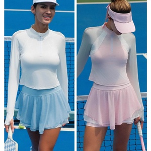 2 Piece Tennis Outfit for Women Stand Collar Long Sleeve <b>Shirt</b> and Ballet Style Skirt Set with UV Protection Custom Logo - Product Image 5