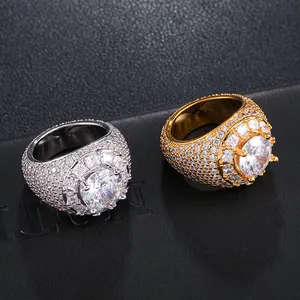 Tendencia latón diamante Bling chapados en oro helado Cubic Zircon latón enlace cubano cadena chapado en oro dedo anillo Bling