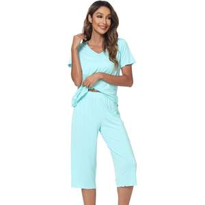 Ensemble de pyjamas en viscose de bambou pour femmes, vêtements de nuit d'été, haut à manches courtes, pantalon capri, tailles S-XXL - Product Image 4