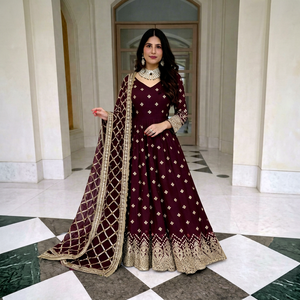 Robe Anarkali brodée marron, longue jusqu'au sol, avec dupatta, tenue de mariage traditionnelle indienne et pakistanaise pour femmes - Product Image 1