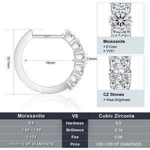 Orecchini a Cerchio in Moissanite USA, Argento Sterling 925 Placcato Oro 14K, Oro Bianco, 13mm 1.0ctw, 15mm 2.0ctw, 11mm 0.6ctw, per Donne e Uomini - Product Image 6
