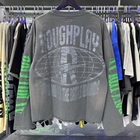T-shirt rétro délavé à manches longues en coton épais 100 % imprimé, écologique, de haute qualité, style streetwear décontracté