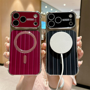 Funda Magnética para Teléfono con Rayas Onduladas Electrochapadas para iPhone 18 17 16 15 14 Pro Max, Cubierta Trasera Roja Cereza con Cristal de Cámara a Rayas - Product Image 1