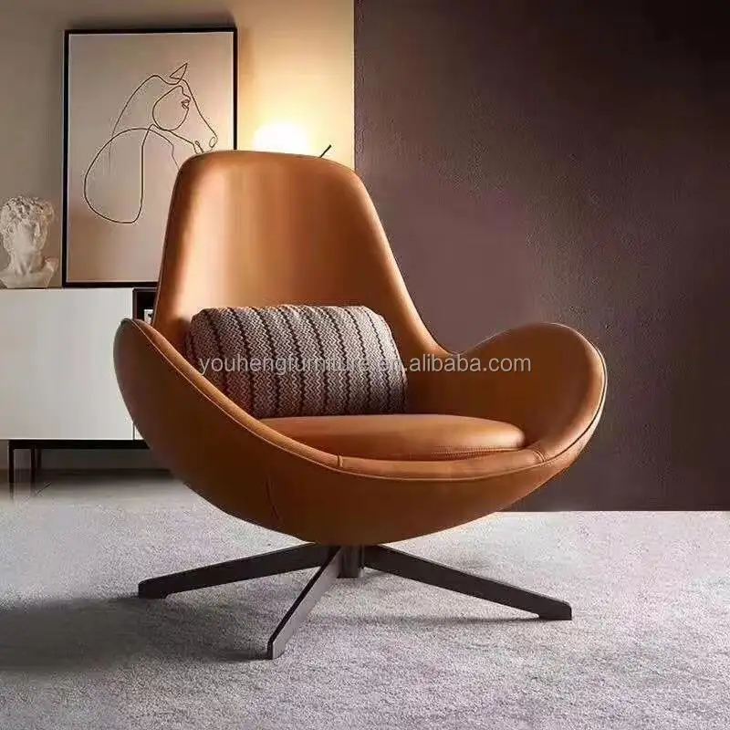 कुंडा इनडोर चमड़े डबल आधुनिक एविएटर तकिया धातु अवकाश लाउंज कमरे में रहने वाले खोल आकार कुर्सी