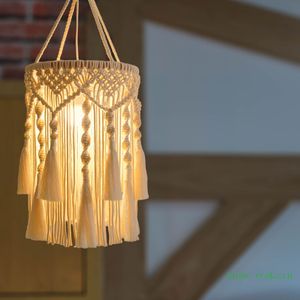 Abat-jour bohème en macramé 100 % coton respirant, tissé à la main avec pompons, suspension luminaire écologique, accessoires du Vietnam - Product Image 5