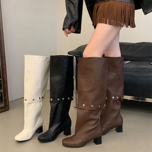 Botas Altas de Mujer Estilo Western con Tacón Grueso, Ajuste Ceñido, Tachonadas, Punta Redonda Desmontable, Hasta la Rodilla, Sin Cordones, de Doble Uso, Botas de Tacón Alto - Product Image 2