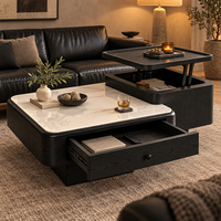 Ensemble de tables basses rectangulaires en marbre avec plateau relevable et tiroir frontal large sur glissières métalliques pour salon moderne