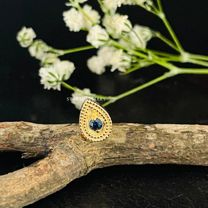 14K Solid Gold Natural Sapphire Stone Pear Shape Stud <b>Piercing</b> Fine Jewelry. - Product Image 5