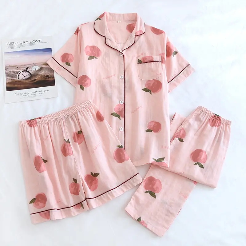 Wholesale women cotton 3pcs pajamas set double layers cotton gauze sleepwear