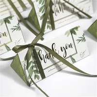 10/20 pièces Boîte à bonbons pliable en carton blanc avec motif feuille verte triangulaire, pour mariage, biscuits, cadeaux, emballage avec ruban, fiançailles
