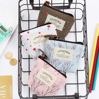 Dompet ritsleting uniseks, dompet gaya Korea Mini modis bunga kanvas koin dengan desain Vintage portabel dan modis