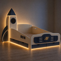 Lit simple en bois massif en forme de fusée sur le thème de l'espace avec tiroirs de rangement sous le lit et sommier à lattes, couleurs au choix, lit pour enfants