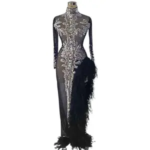 Sexy Black See Through Crystal Sequins Wedding Party Dress Ladies Floor Length High Slit Evening Gown Women Club Prom Long Dress