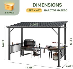 Abri de jardin BBQ extérieur toutes saisons 12x6FT avec toit en acier incliné, gazebo permanent en métal pour terrasse, jardin, pont - Product Image 2