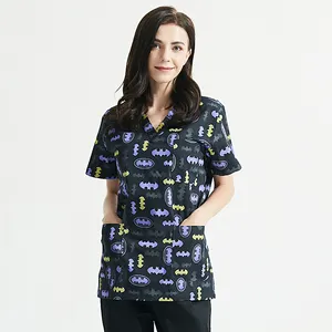 新しい医療服マッチング女性男性漫画プリント綿100% 病院看護スクラブトップス臨床制服外科用シャツ