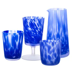 Jarra de puntos de color azul esmerilado hecha a mano mexicana vintage jarra de agua bebida vaso copa de vino juego de copas